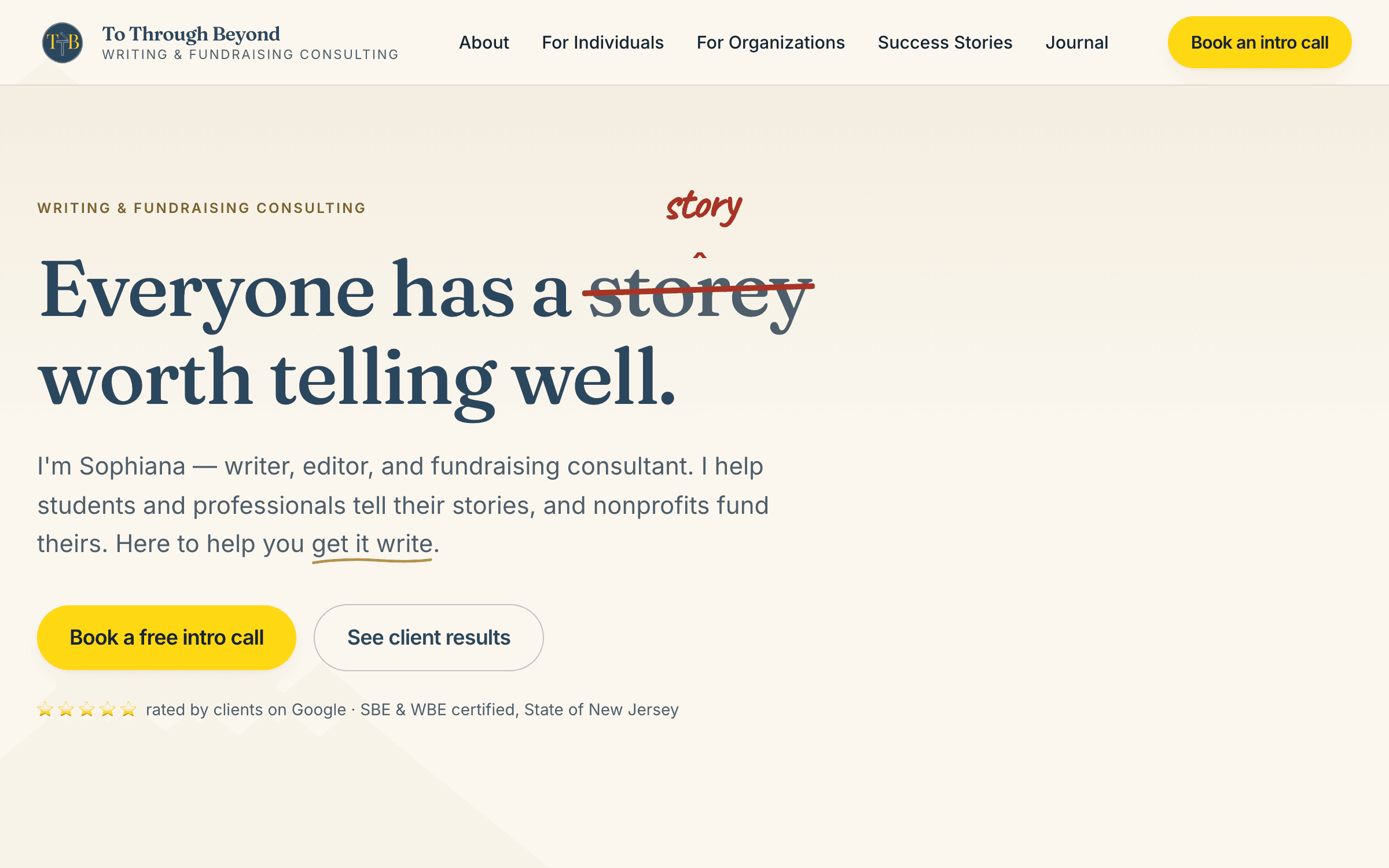 To Through Beyond homepage — writing support and fundraising consulting, with the headline shown as an editor's redline correction